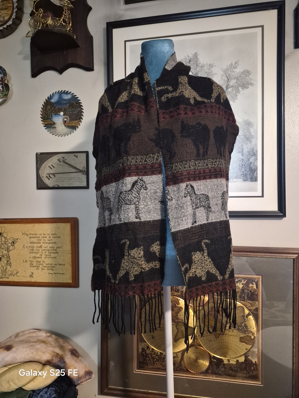 Vintage Art of the Scarf African Animal Print Fringe Cotton Tapestry Scarf